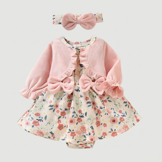 Floral Baby Romper Dress with Cardigan & Bow