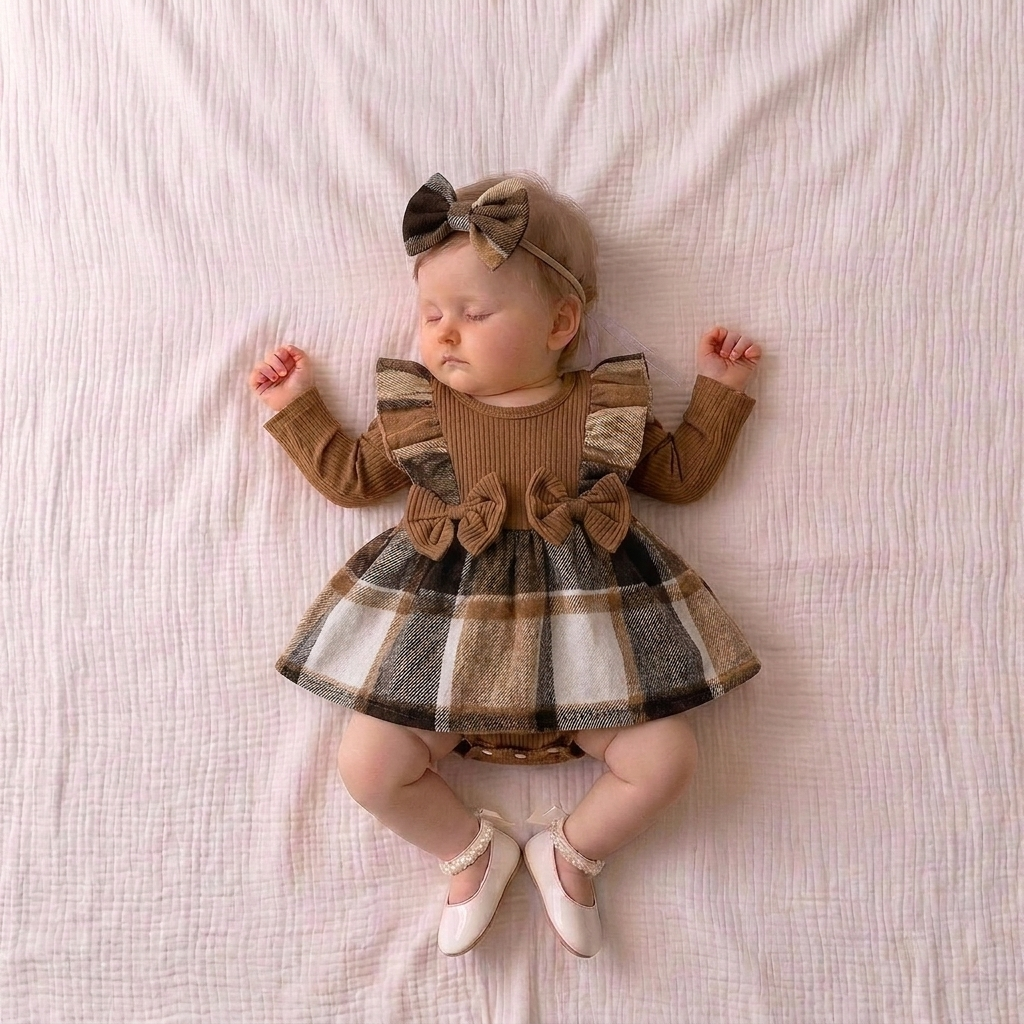 brown plaid baby dress Beige Plaid Baby Girl Dress, Long Sleeve Cotton Toddler Dress, Vintage Check Dress, Fall Outfit, Birthday Dress, Holiday Dress
