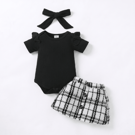 Plaid Skirt Set with Bodysuit and Bow - Betina Baby & Kids