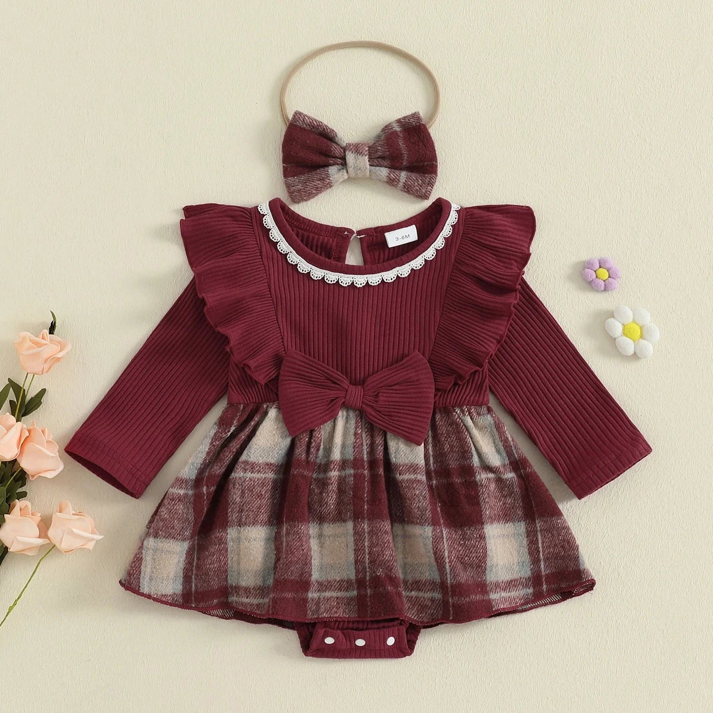 Burgundy Plaid Dress with Headband