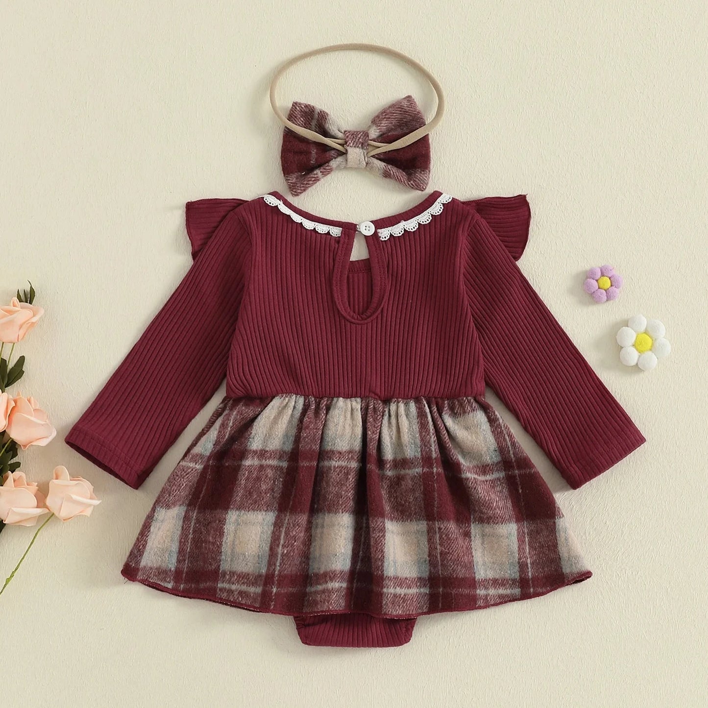 Burgundy Plaid Dress with Headband