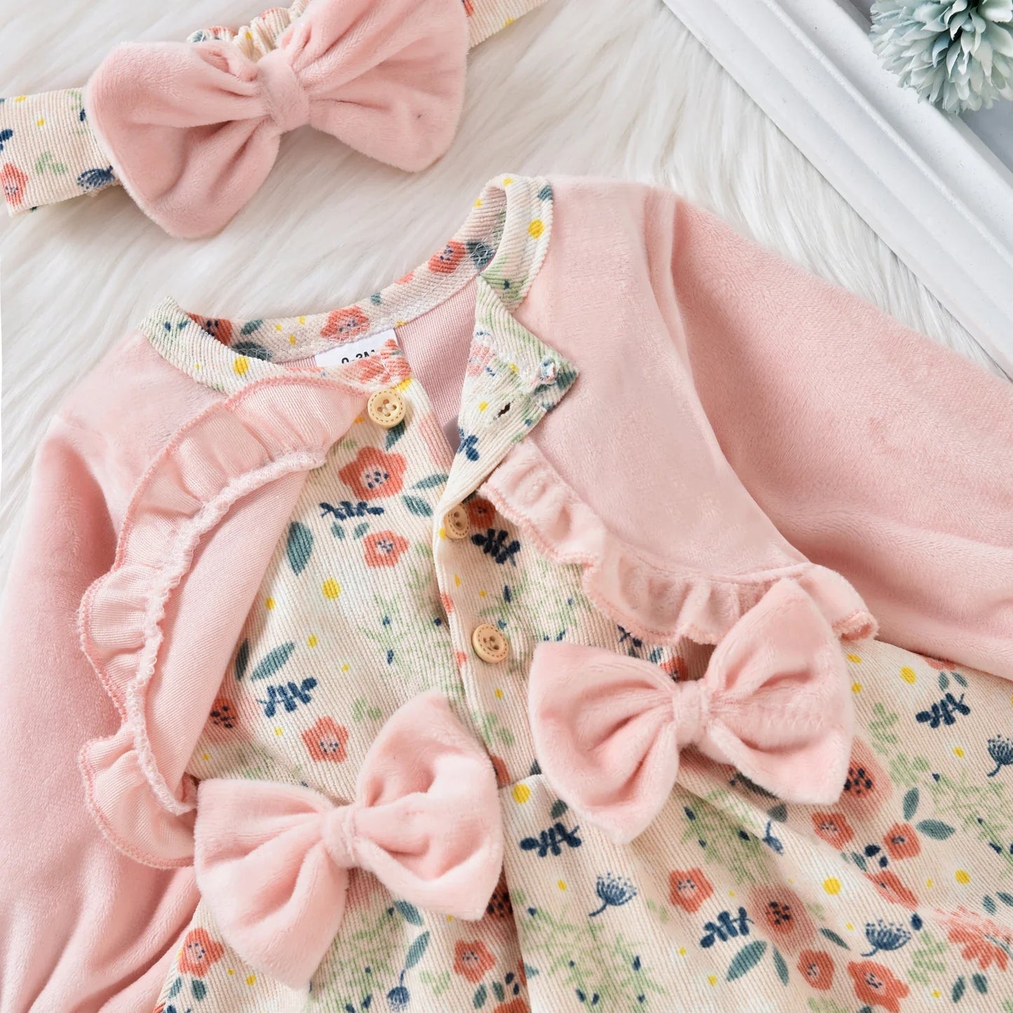 Floral Baby Romper Dress with Cardigan & Bow