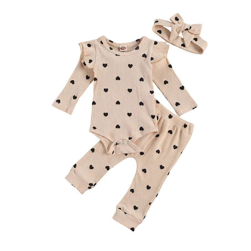 Heart Print Ruffle Baby Set with Bow Headband