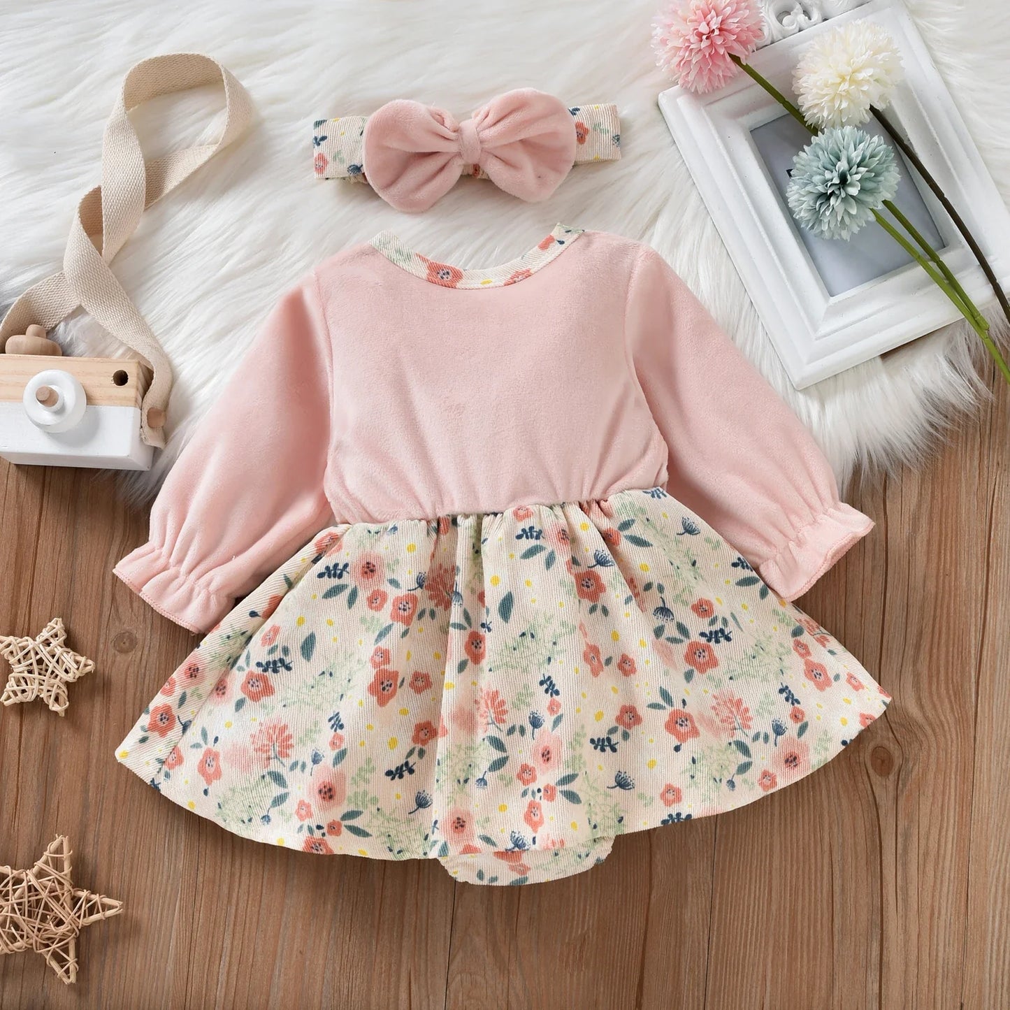 Floral Baby Romper Dress with Cardigan & Bow