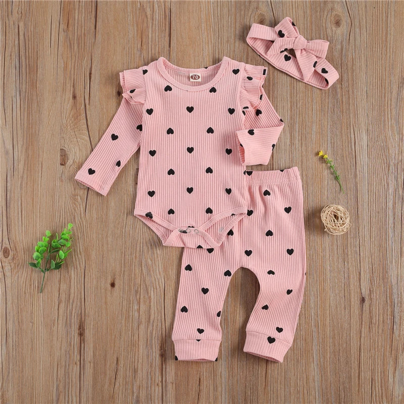 Heart Print Ruffle Baby Set with Bow Headband