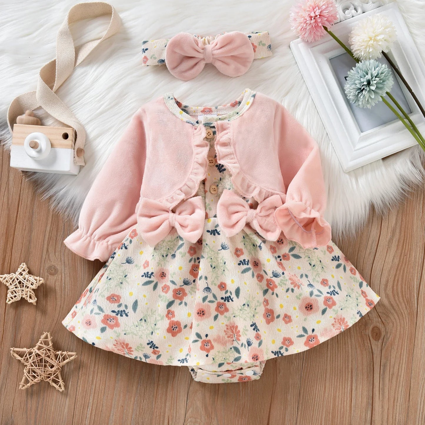 Floral Baby Romper Dress with Cardigan & Bow