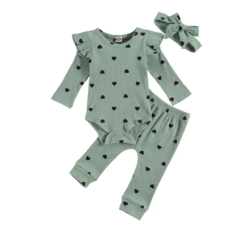 Heart Print Ruffle Baby Set with Bow Headband