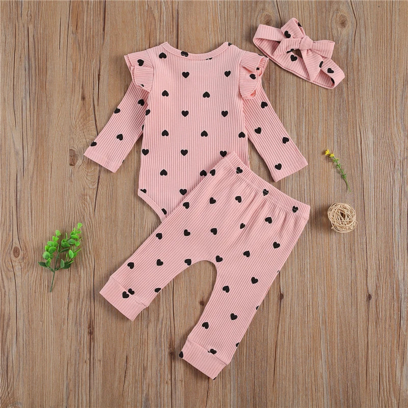 Heart Print Ruffle Baby Set with Bow Headband