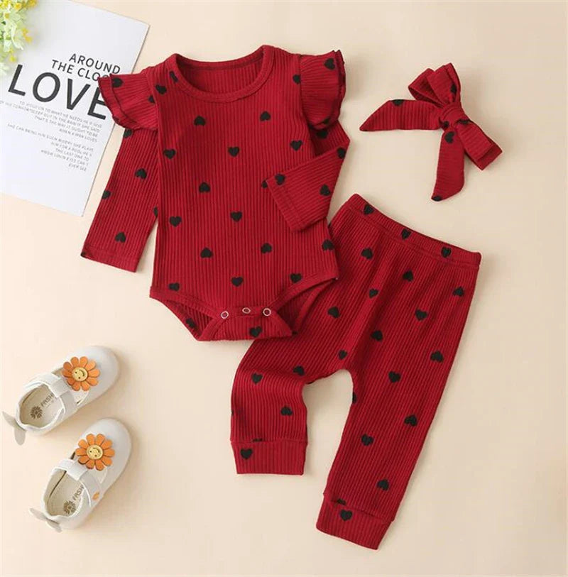 Heart Print Ruffle Baby Set with Bow Headband