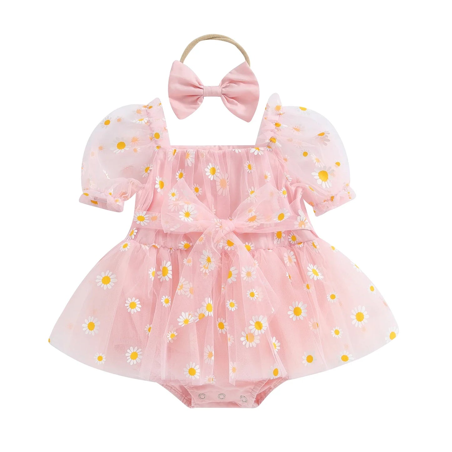 Daisy Tulle Baby Romper Dress with Bow