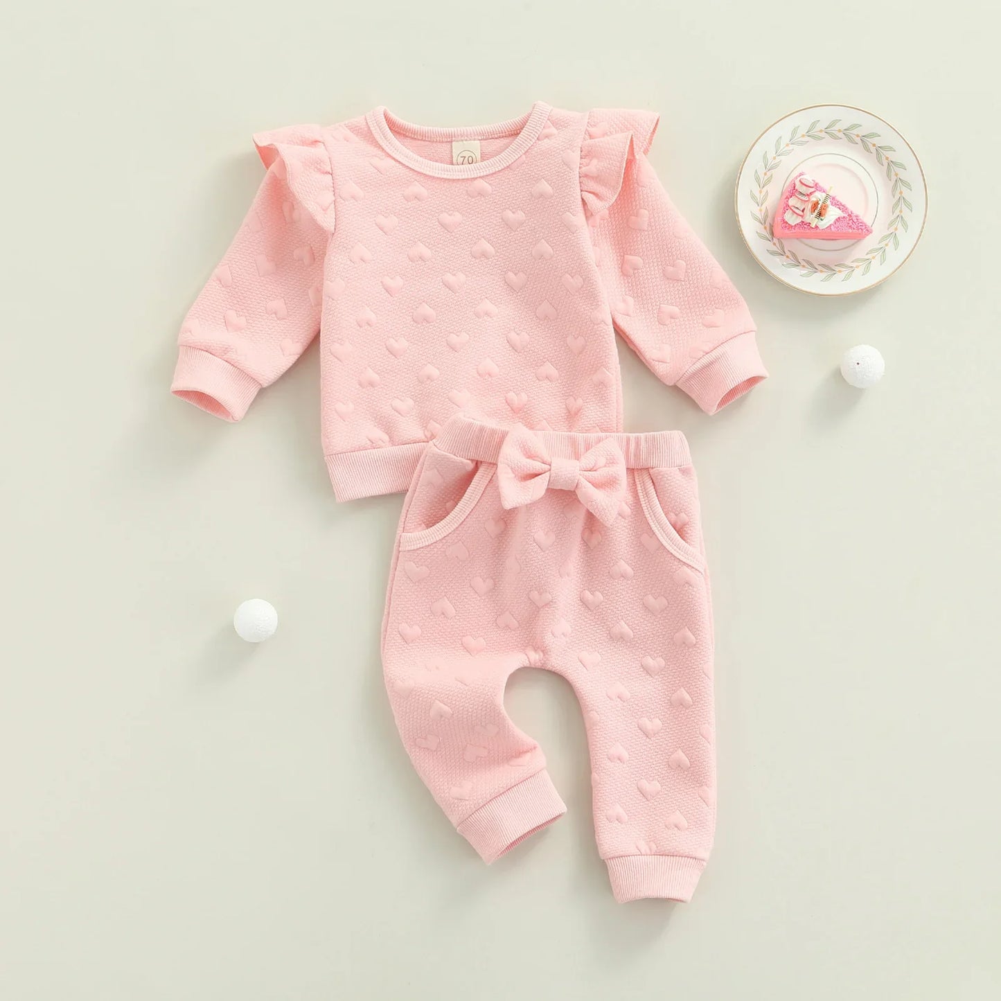 Pink Embossed Heart Baby Set with Bow