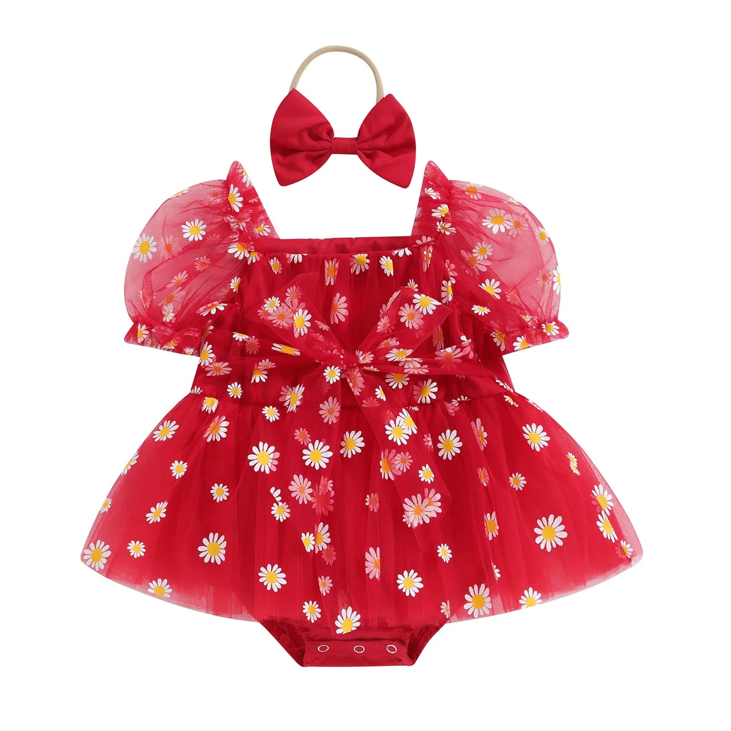 Daisy Tulle Baby Romper Dress with Bow