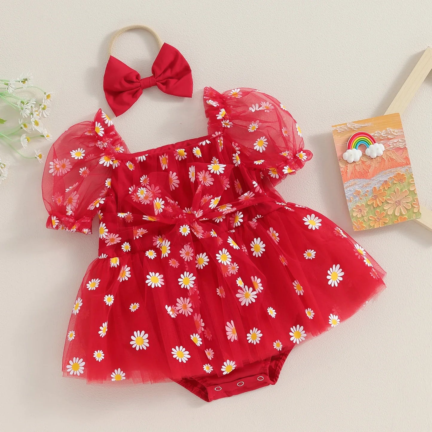 Daisy Tulle Baby Romper Dress with Bow