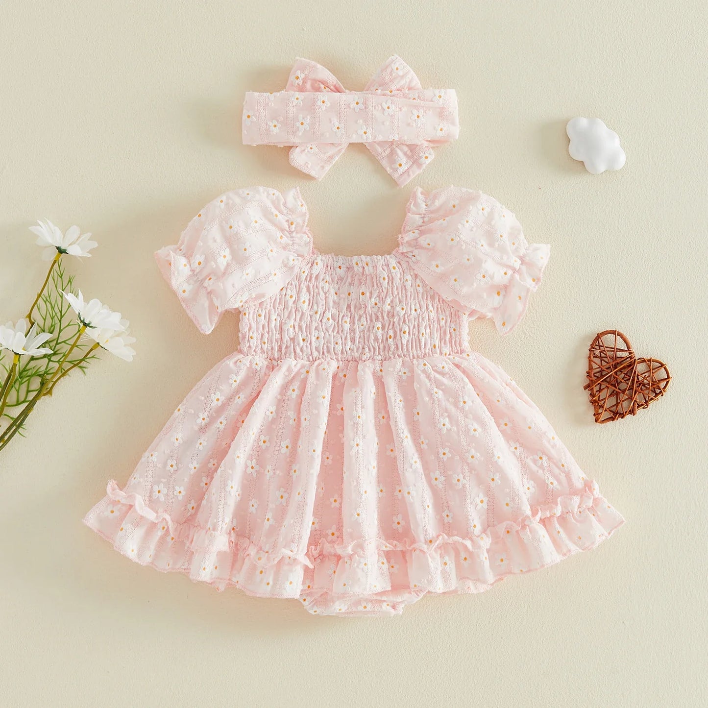 Daisy Smocked Baby Romper Dress with Bow
