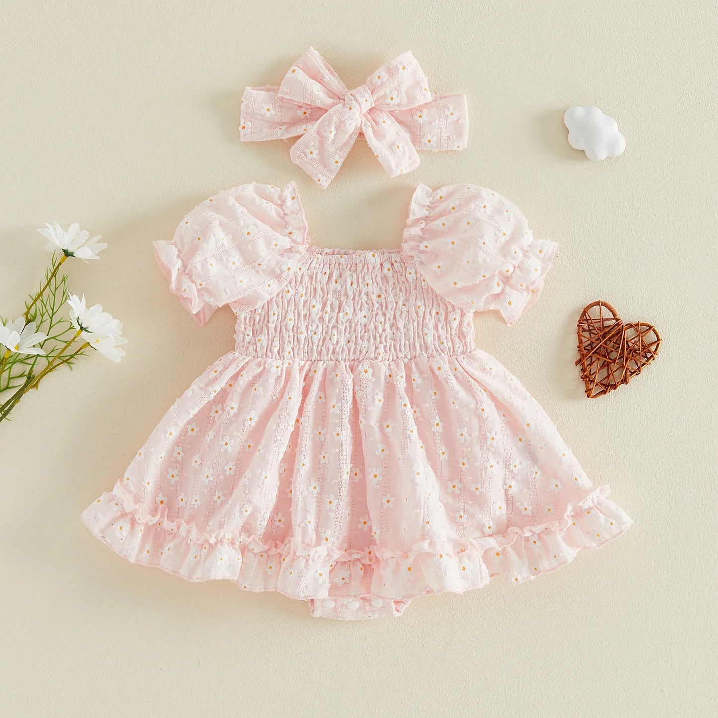 Daisy Smocked Baby Romper Dress with Bow