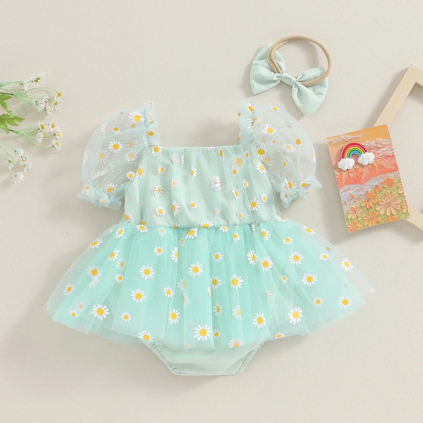 Daisy Tulle Baby Romper Dress with Bow