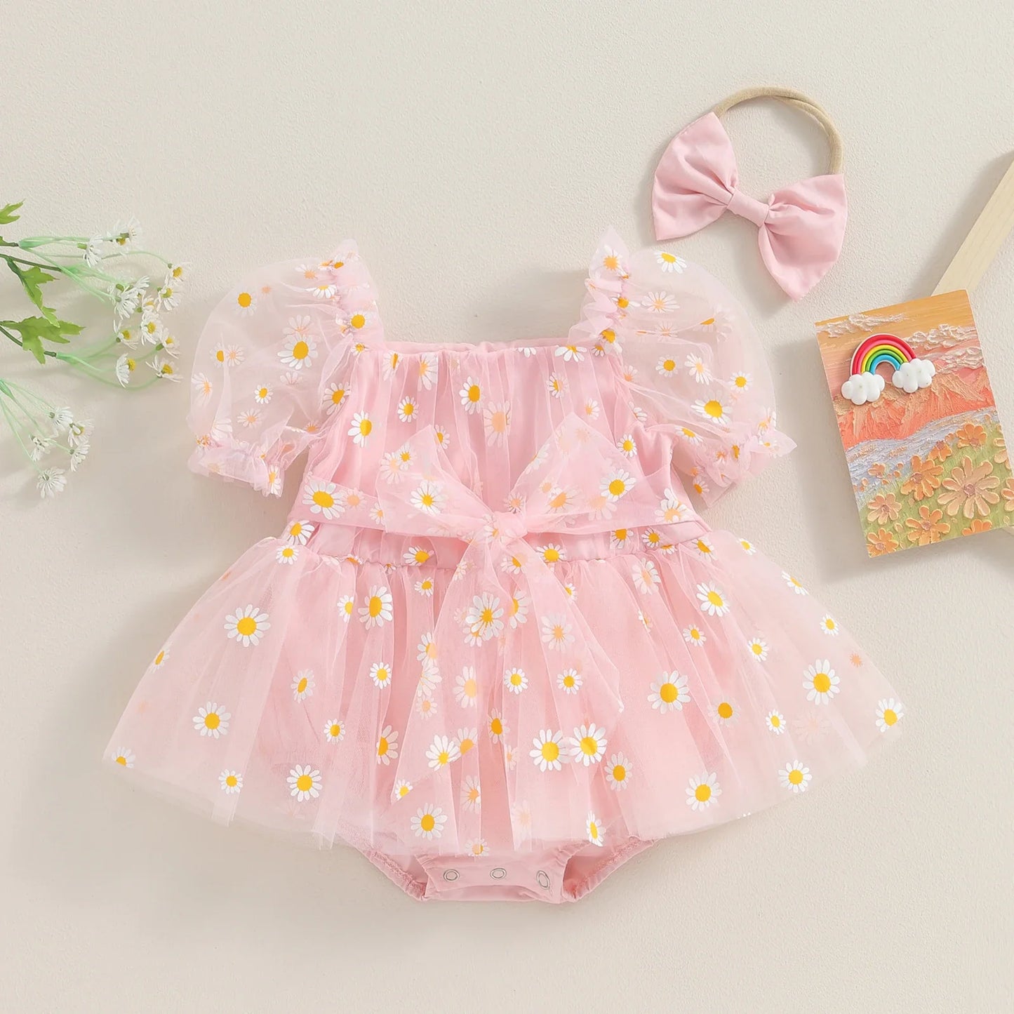 Daisy Tulle Baby Romper Dress with Bow