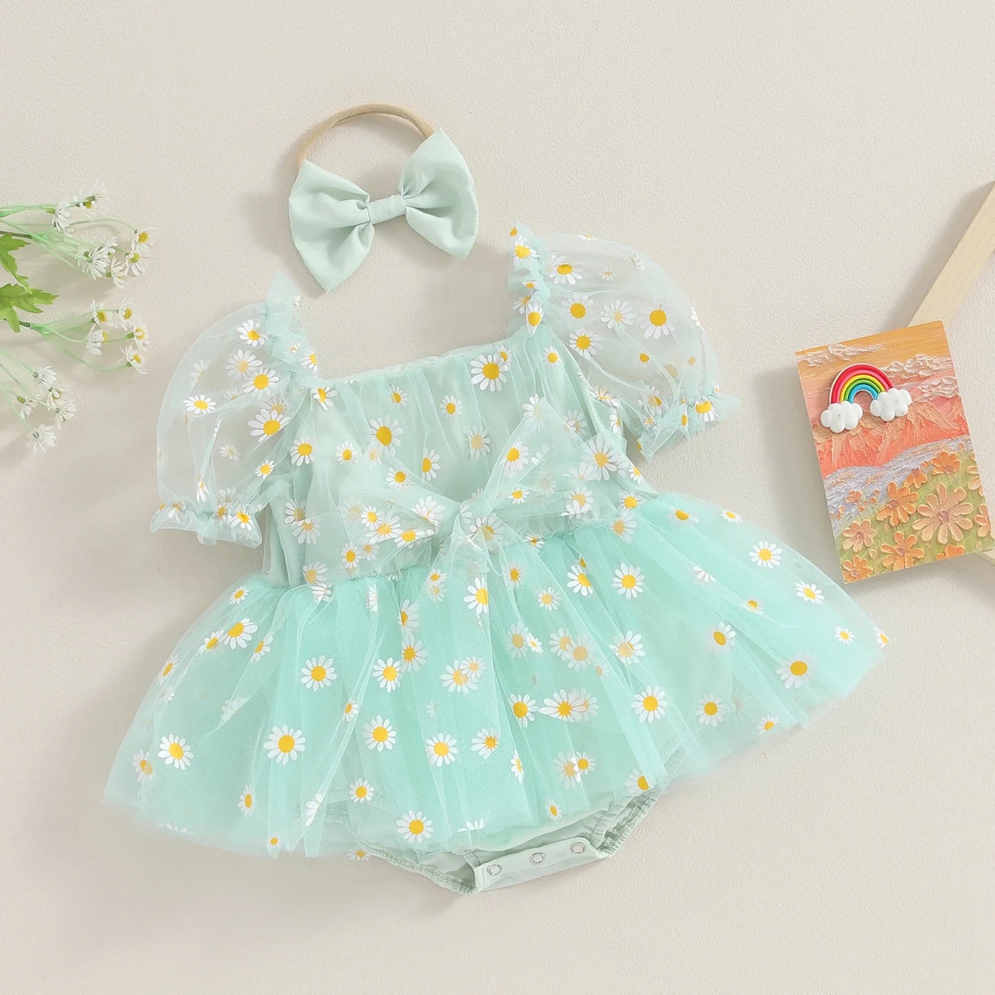 Daisy Tulle Baby Romper Dress with Bow