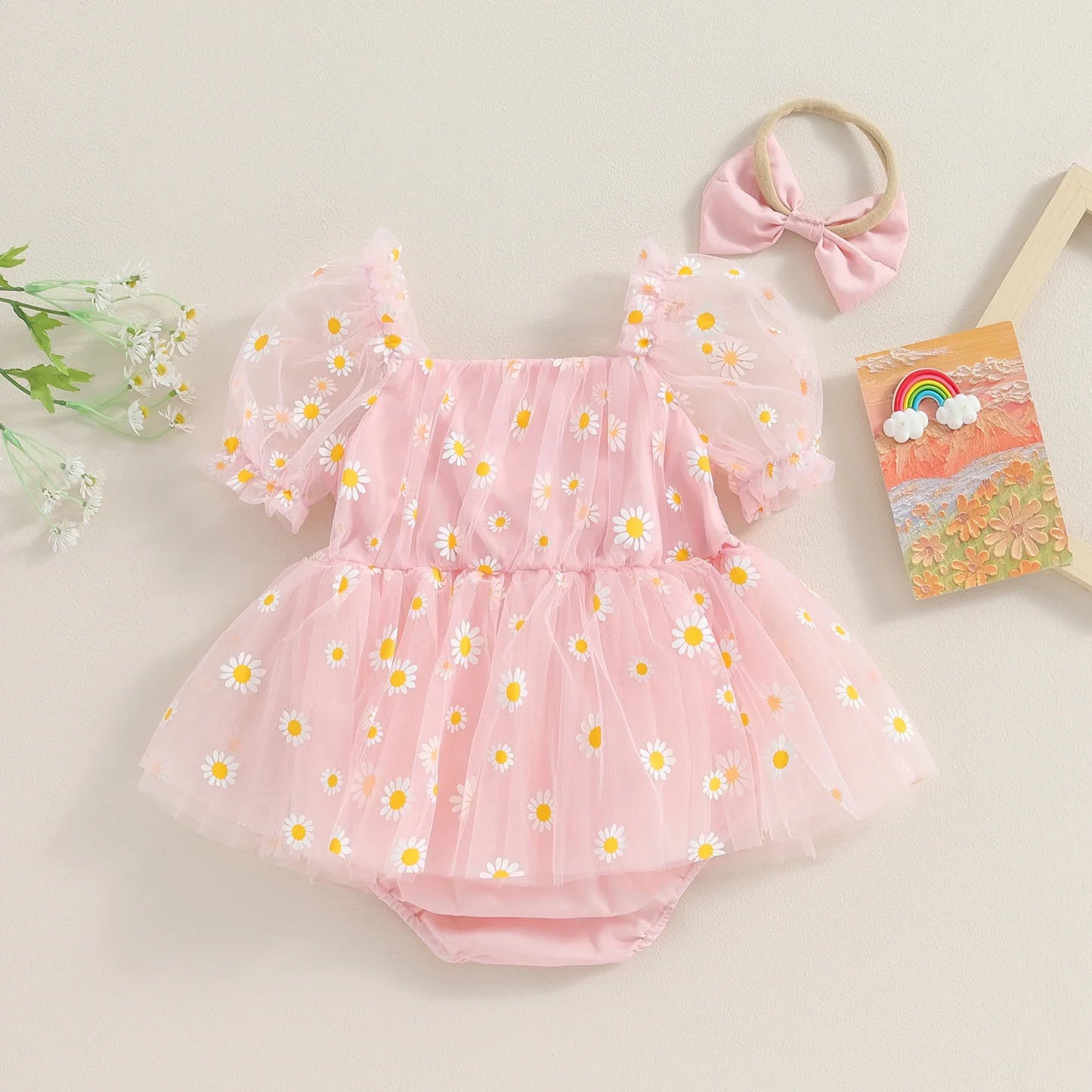 Daisy Tulle Baby Romper Dress with Bow