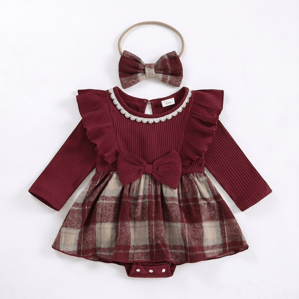 Burgundy Plaid Dress with Headband - Betina Baby & Kids