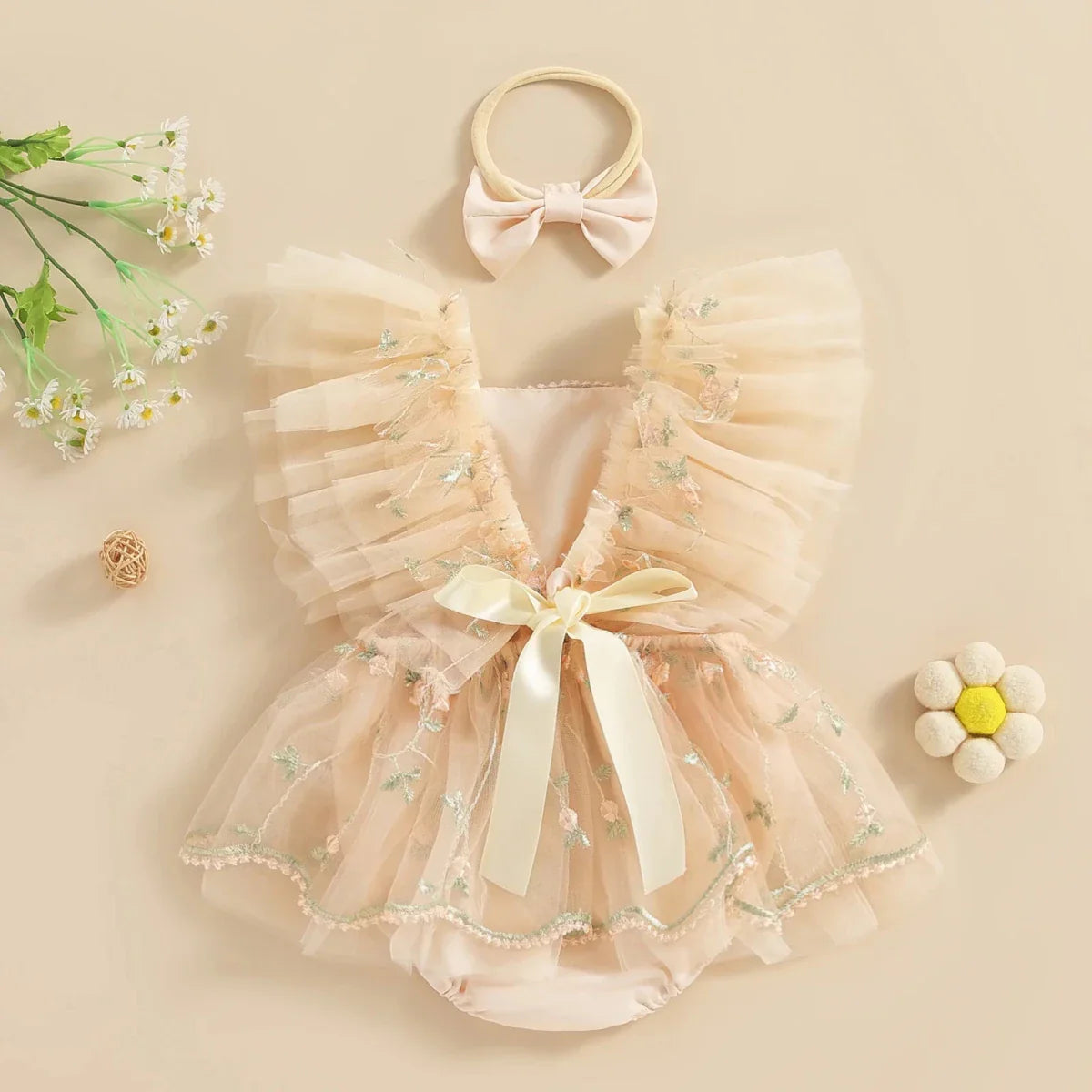 Embroidered Tulle Baby Dress with Bow - Betina Baby & Kids