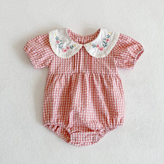 Gingham Floral Collar Baby Romper - Betina Baby & Kids