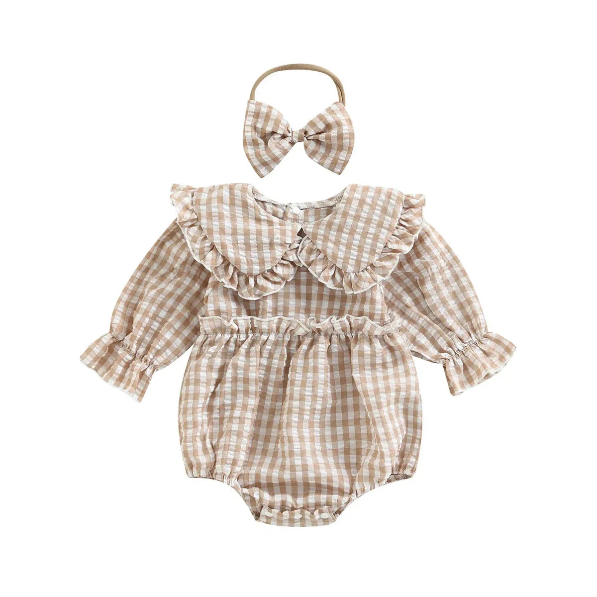 Gingham Ruffle Collar Romper with Bow - Betina Baby & Kids