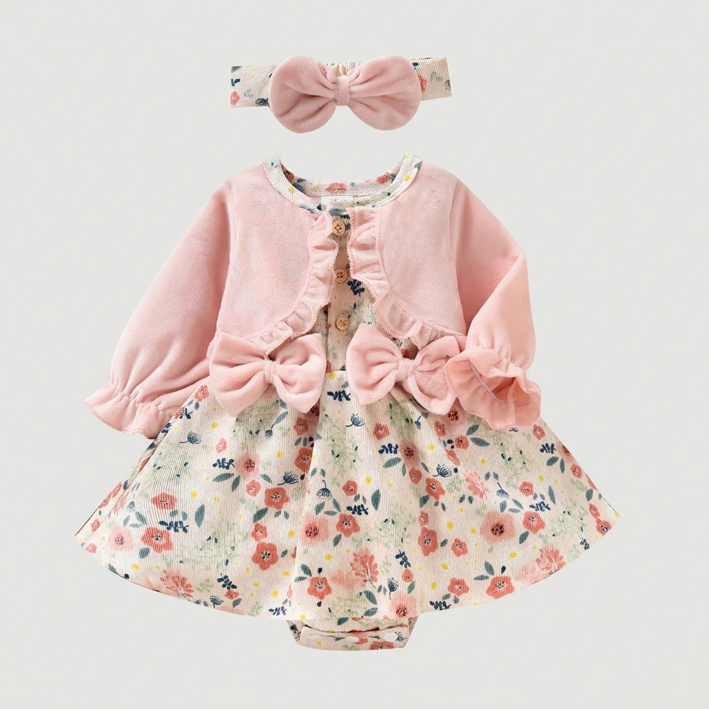 Floral Baby Romper Dress with Cardigan & Bow