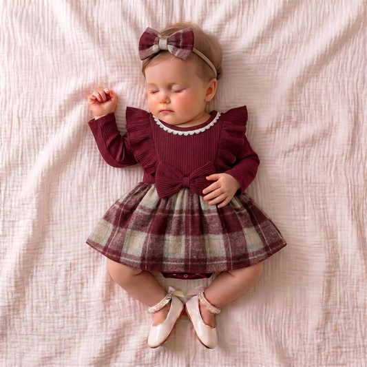 Burgundy Plaid Dress with Headband