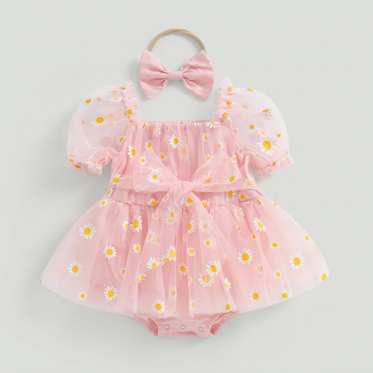 Daisy Tulle Baby Romper Dress with Bow