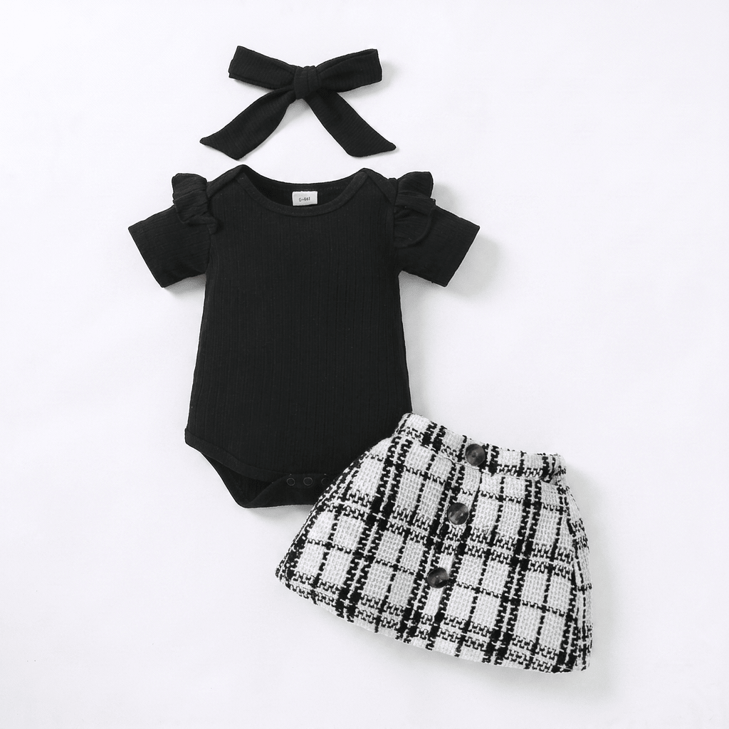 Plaid Skirt Set with Bodysuit and Bow - Betina Baby & Kids