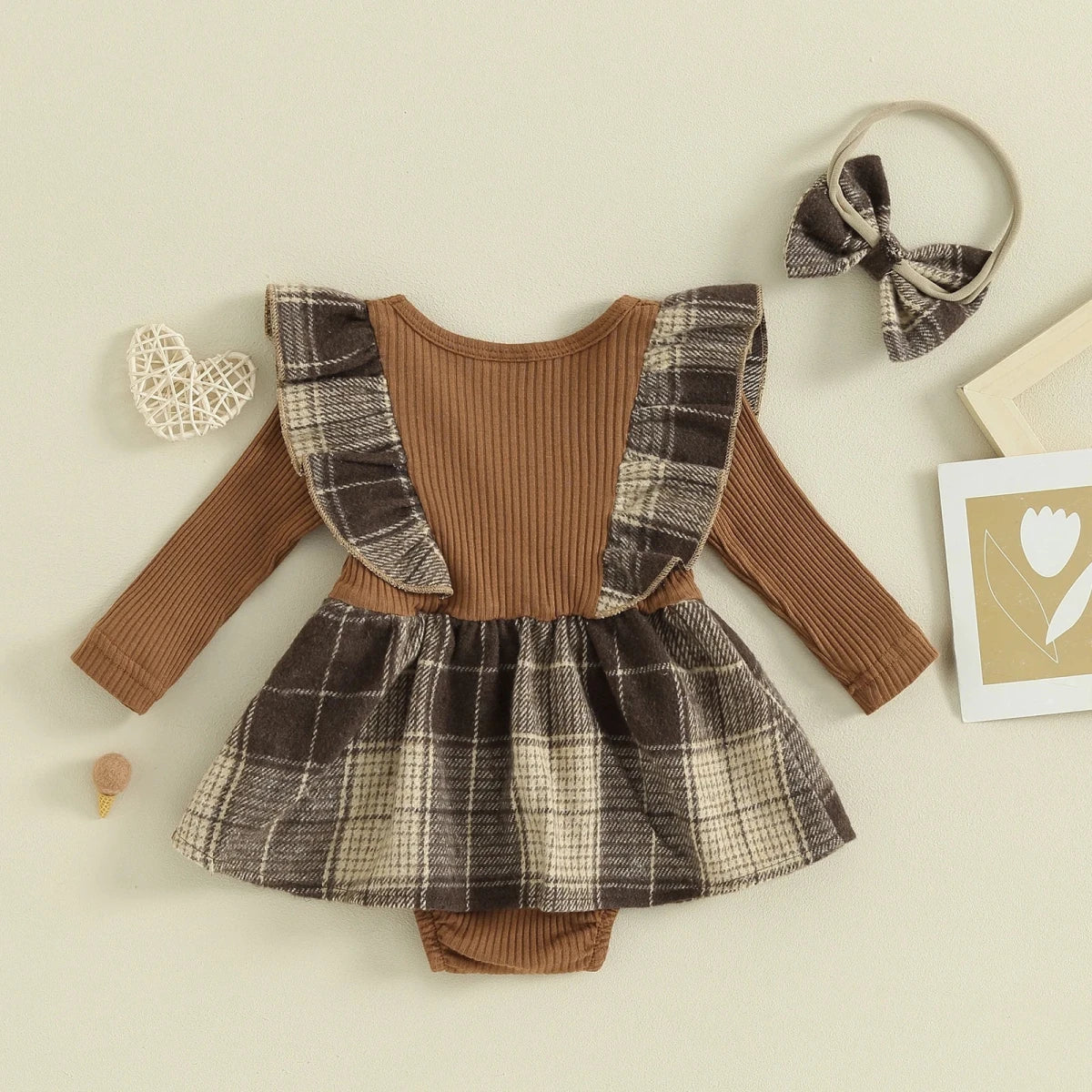Plaid Suspender Romper Dress with Bow Headband - Betina Baby & Kids