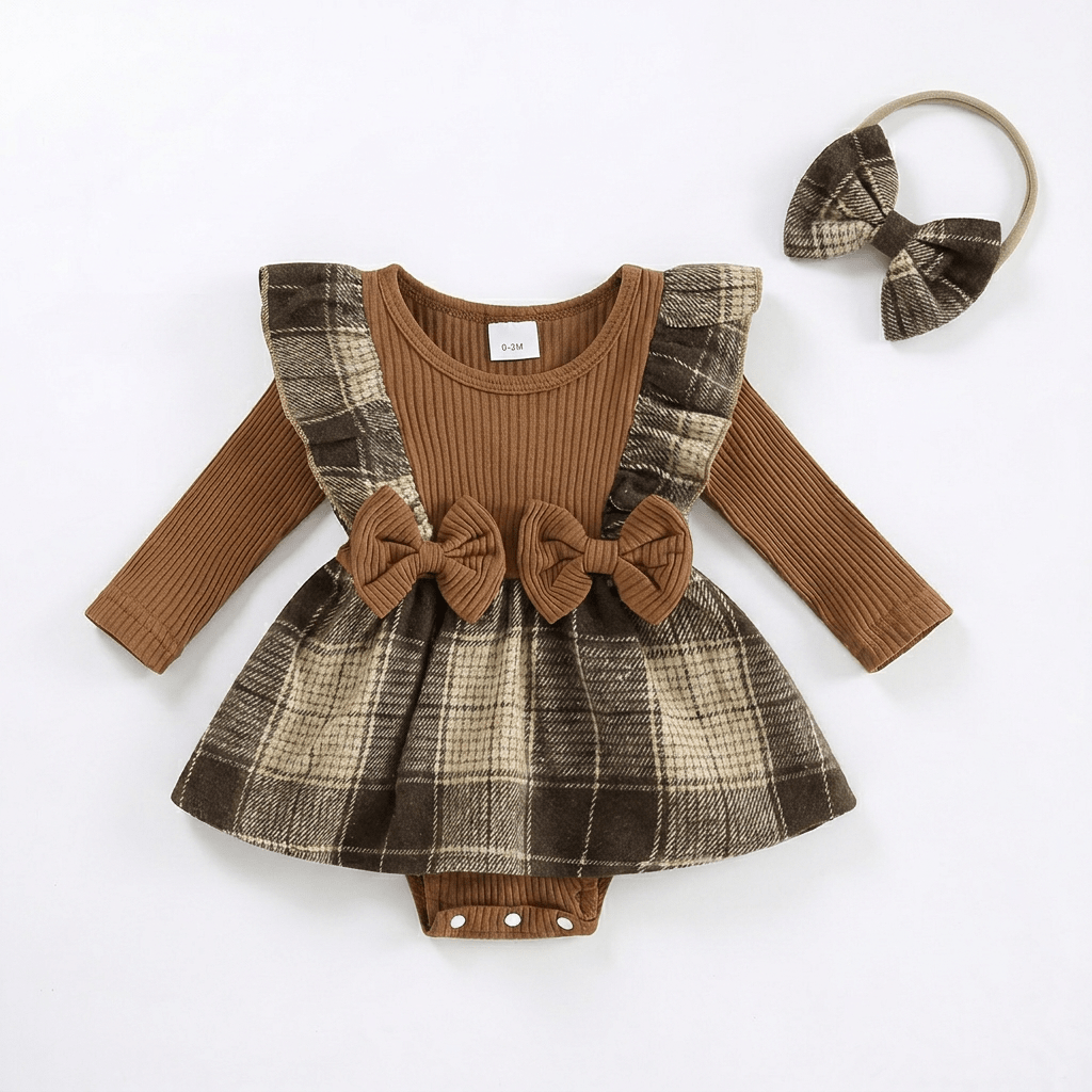 Plaid Suspender Romper Dress with Bow Headband - Betina Baby & Kids