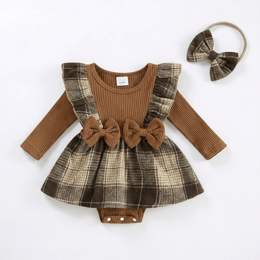 Plaid Suspender Romper Dress with Bow Headband - Betina Baby & Kids