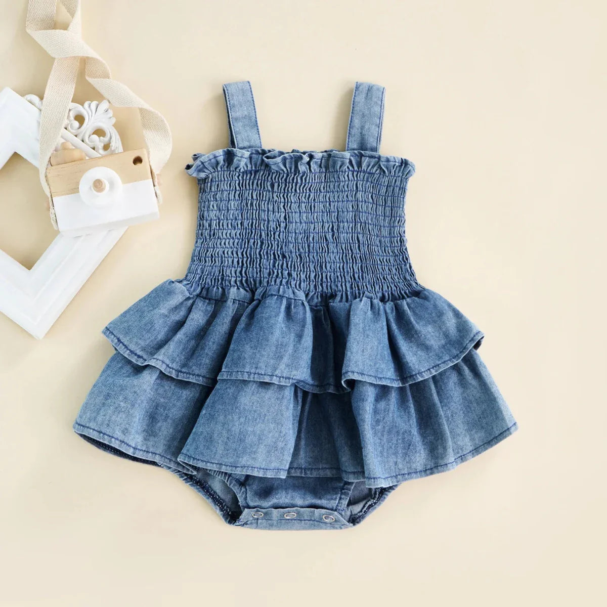 Smocked Denim Ruffle Baby Romper - Betina Baby & Kids