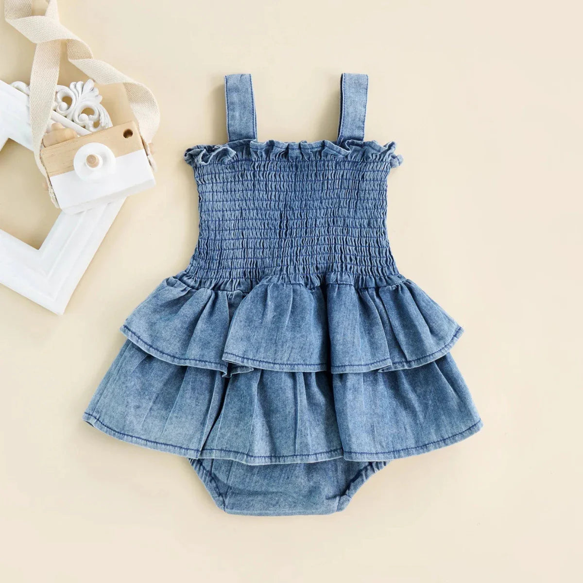 Smocked Denim Ruffle Baby Romper - Betina Baby & Kids